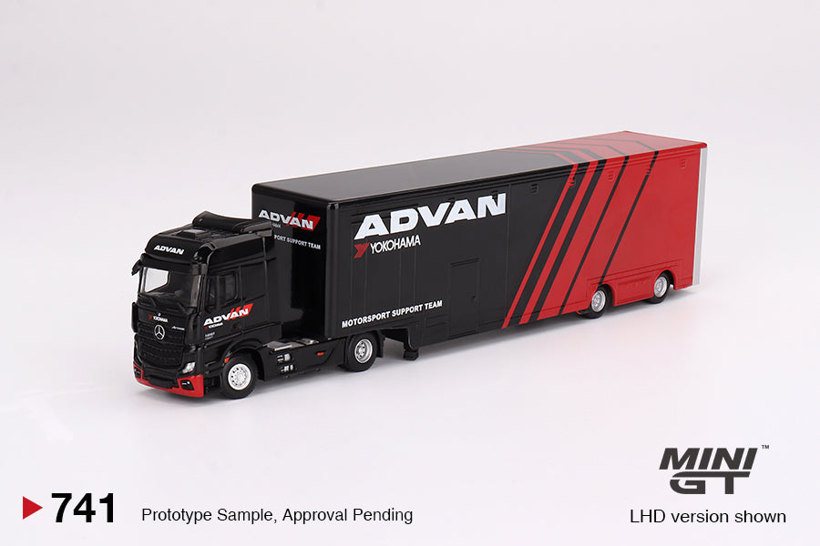Image of Mini GT - 1/64 Mercedes-Benz Actros w/ Racing Transporter (Advan)