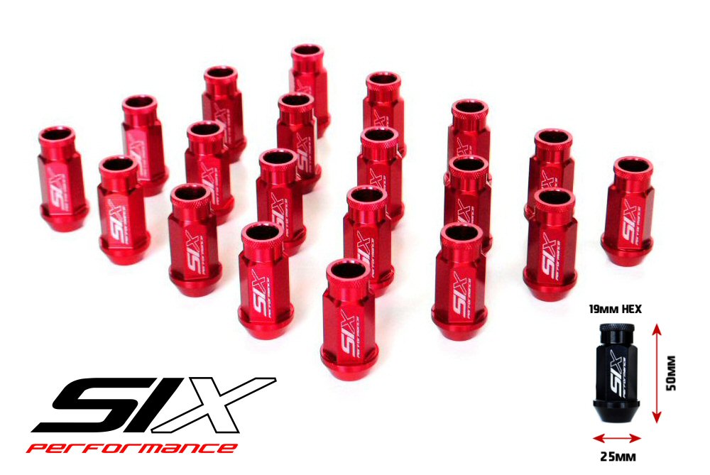 Image of SIX Lightweight ALU 7075 Lug Nuts 50mm 12x1.50 Red V2 20x