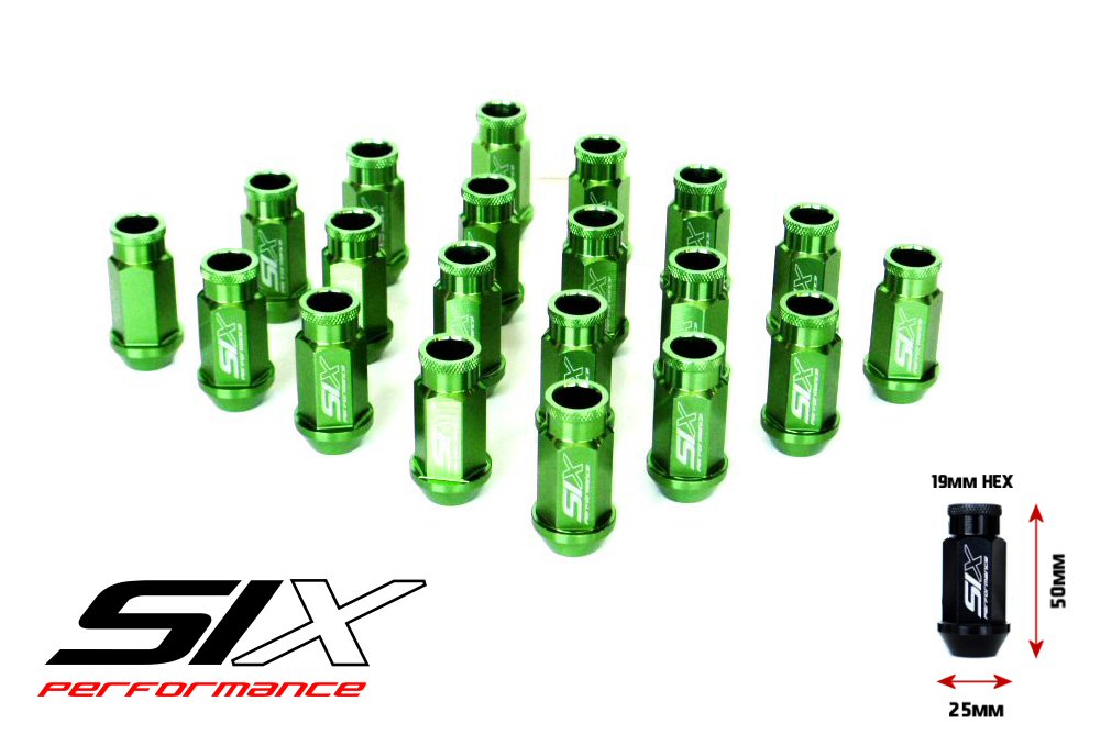 Image of SIX Lightweight ALU 7075 Lug Nuts 50mm 12x1.50 Green V2 20x