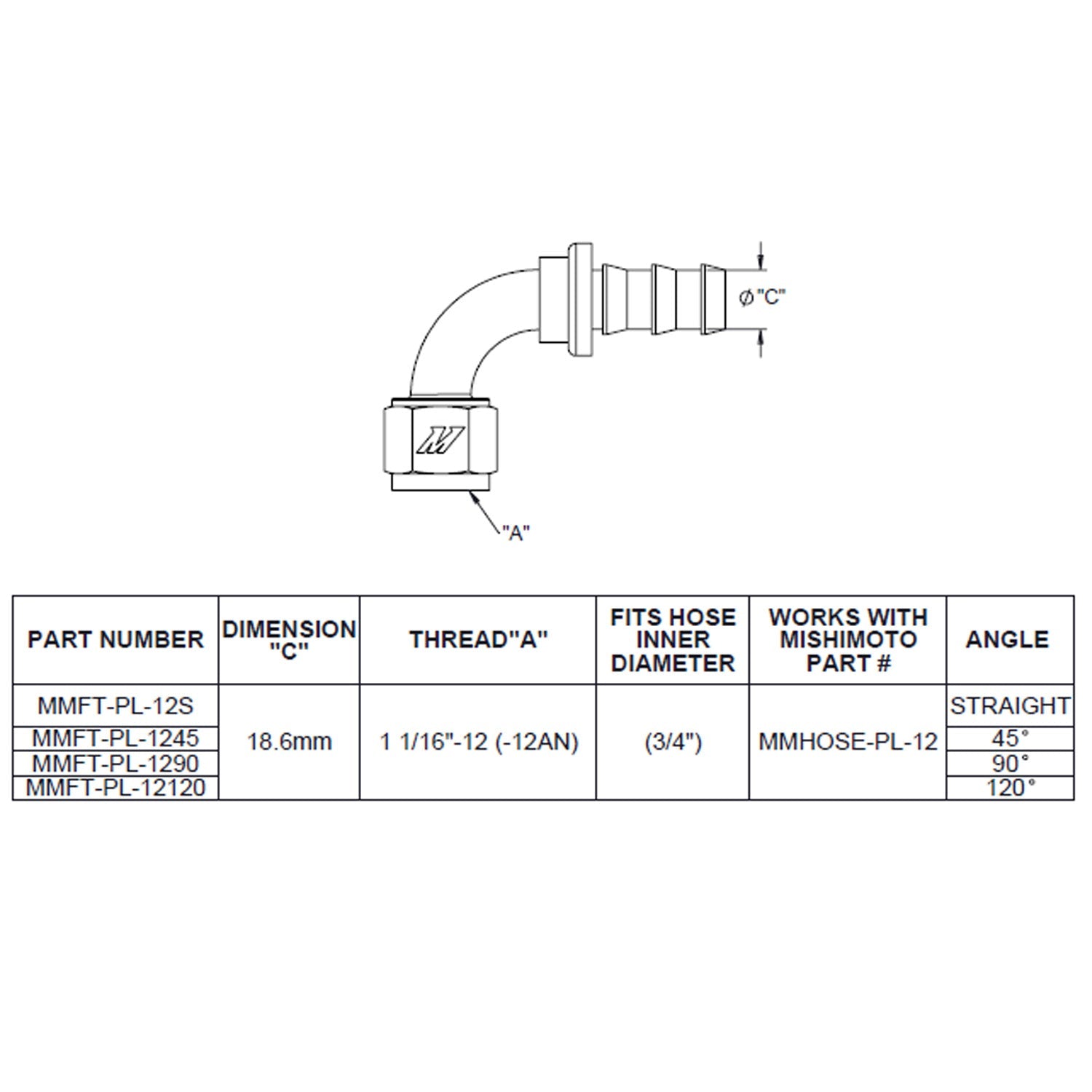 120-Degree Push Lock Fitting, -12AN