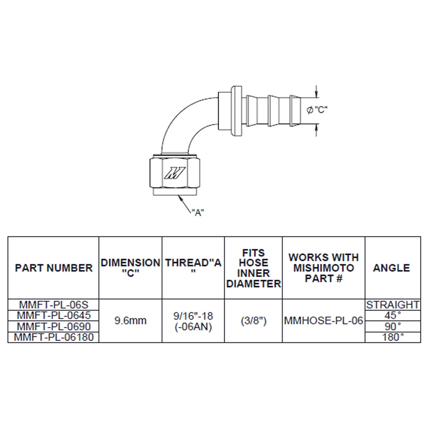180-Degree Push Lock Fitting, -6AN